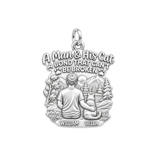 Mountain Bond Cat & Man Charm Bracelet – Personalized Dad Gift – silver plated 3 cm charm, front view