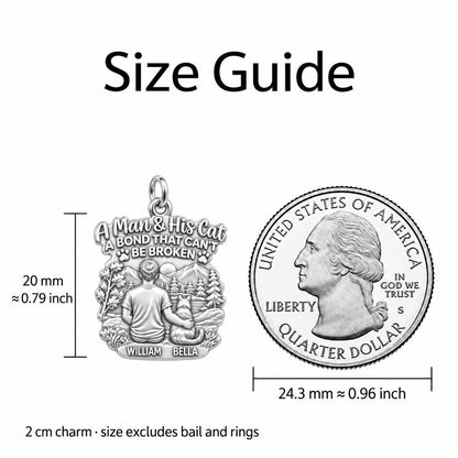 Mountain Bond Cat & Man Charm Bracelet – Personalized Dad Gift – size guide, 2 cm charm next to a quarter