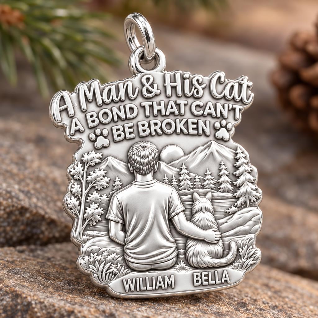 Mountain Bond Cat & Man Charm Bracelet – Personalized Dad Gift – macro detail of the charm