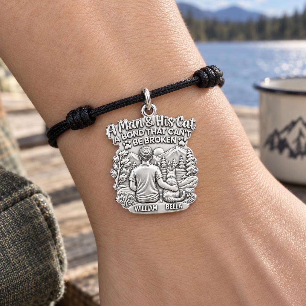 Mountain Bond Cat & Man Charm Bracelet – Personalized Dad Gift – worn on the wrist on a black cord bracelet