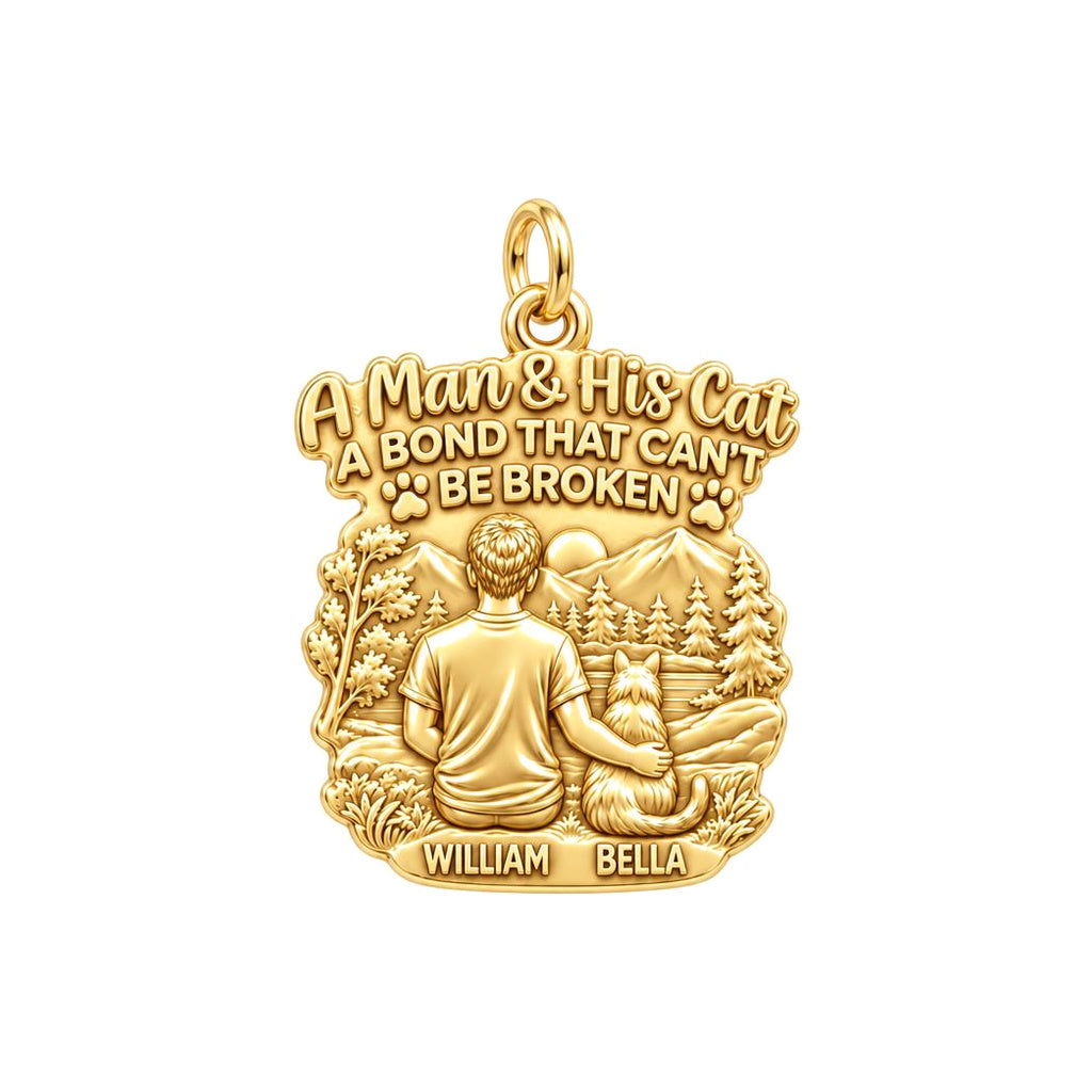 Mountain Bond Cat & Man Charm Bracelet – Personalized Dad Gift – 18K gold plated 2 cm charm, front view