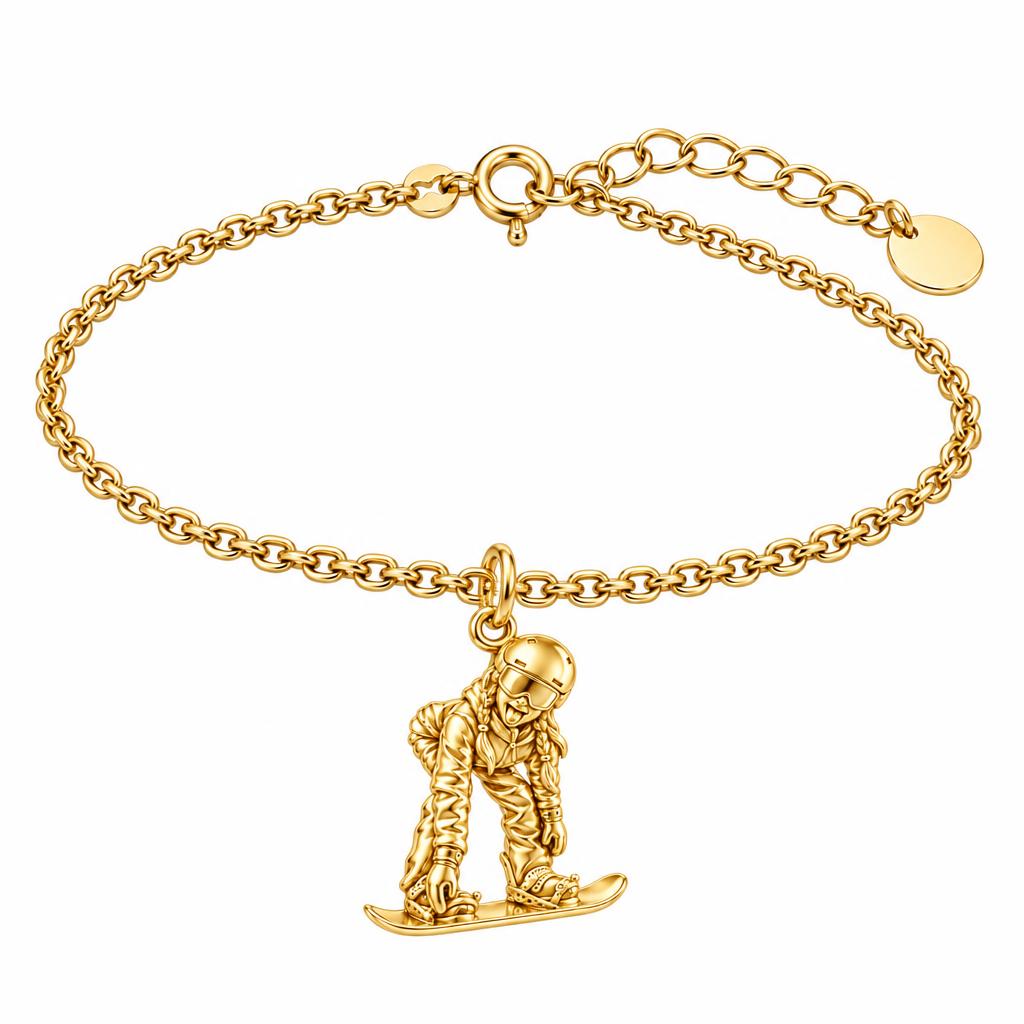 Mountain Bound Snowboarder Charm Bracelet Set – 18K gold, front view