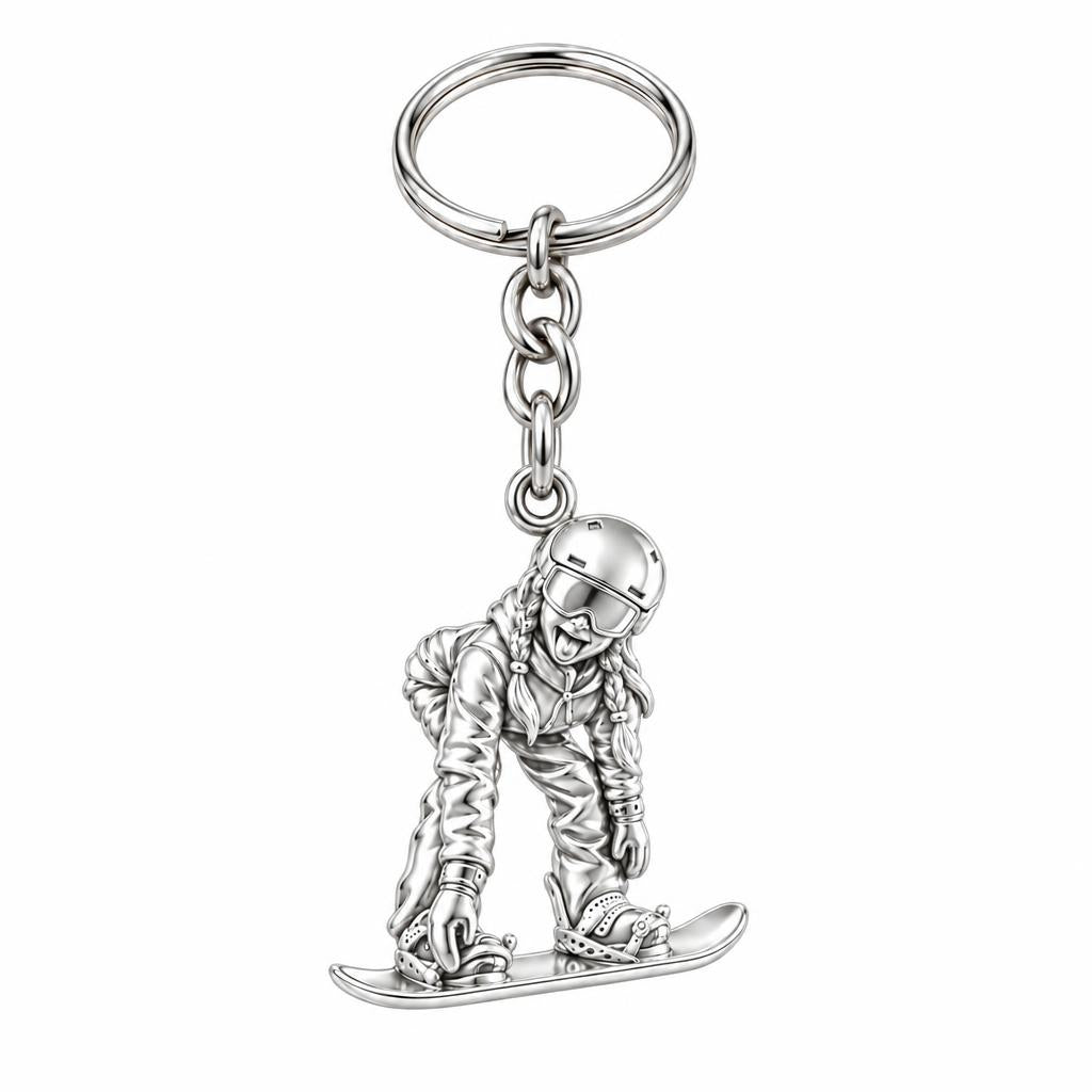 Mountain Bound Snowboarder Charm Keychain – silver, front view