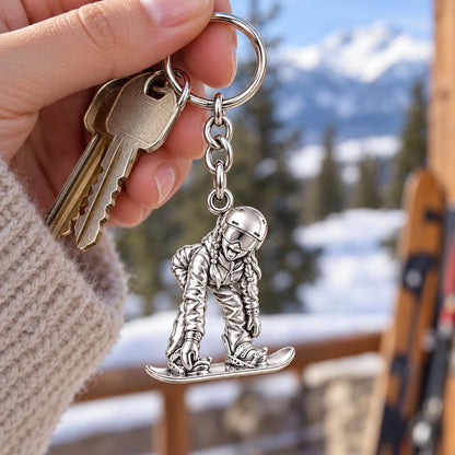 Mountain Bound Snowboarder Charm Keychain – worn / in use