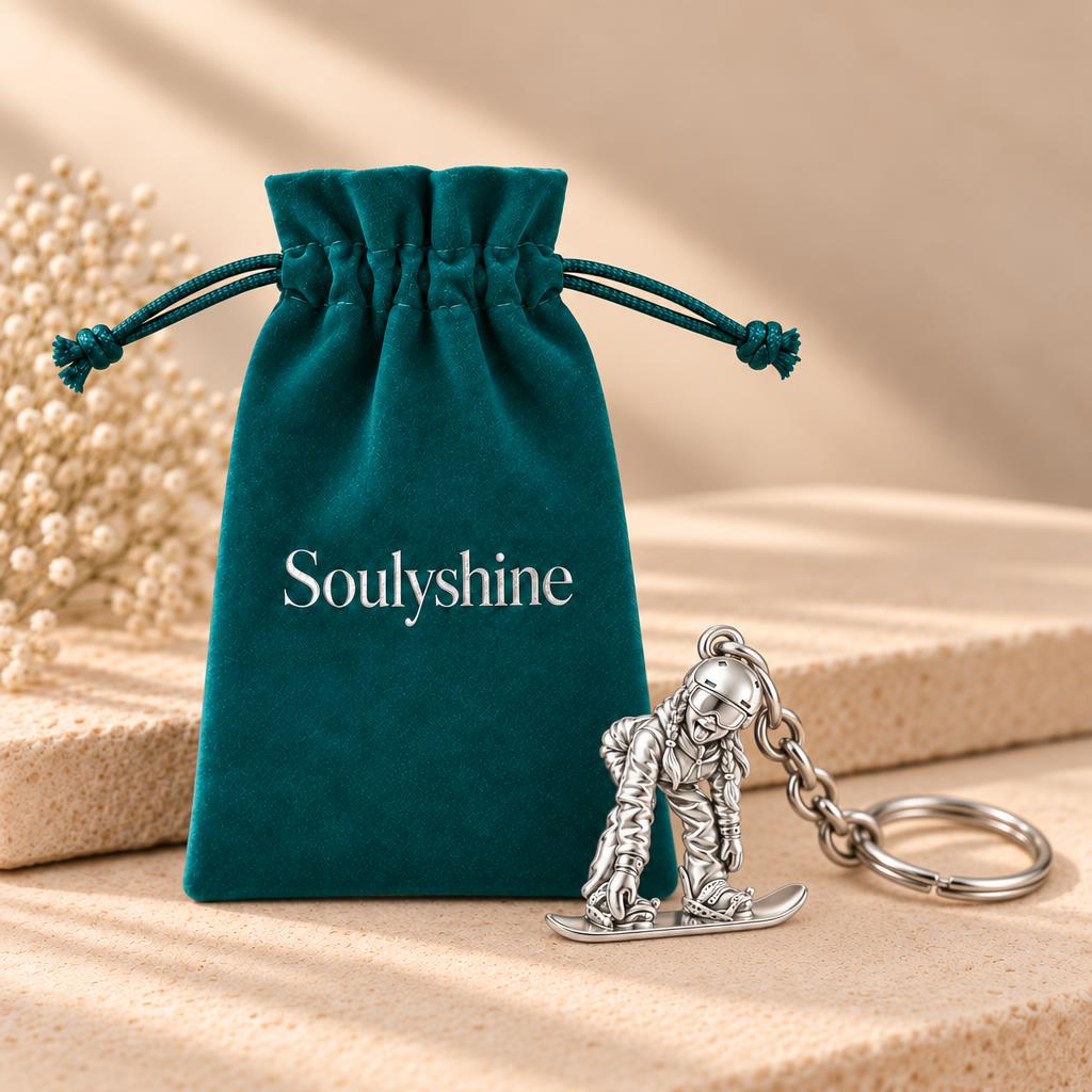 Mountain Bound Snowboarder Charm Keychain – Soulyshine velvet gift pouch