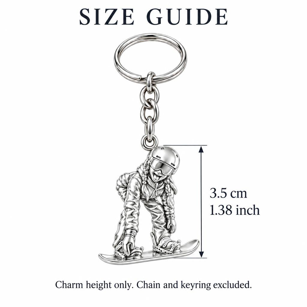 Mountain Bound Snowboarder Charm Keychain – size guide, 3.5 cm (1.38 in) charm, chain and keyring excluded