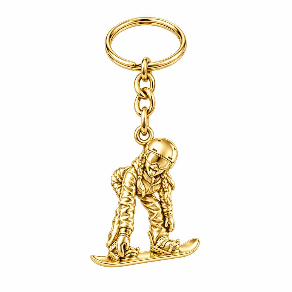 Mountain Bound Snowboarder Charm Keychain – 18K gold, front view