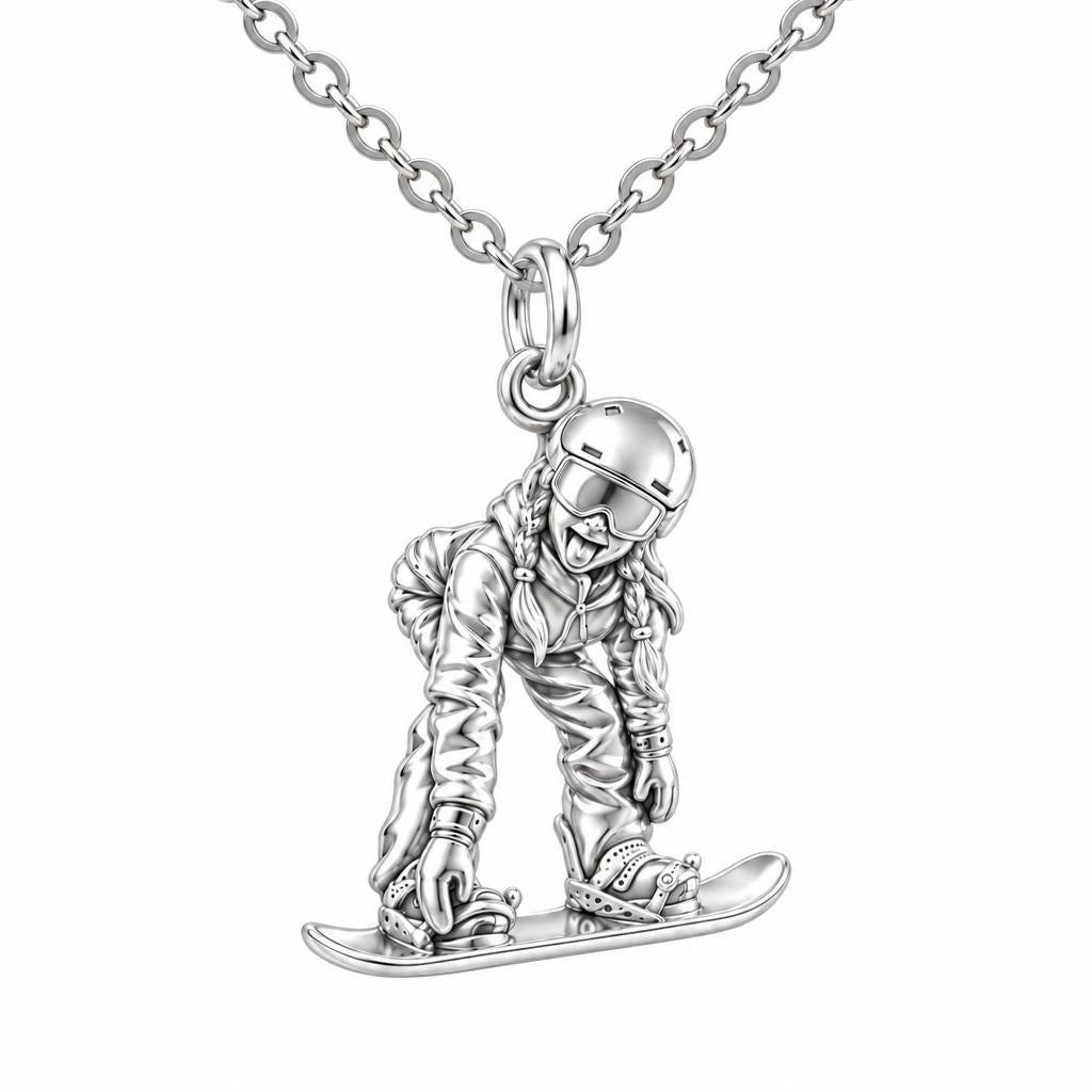 Mountain Bound Snowboarder Charm Necklace Set – silver, front view