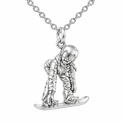 Mountain Bound Snowboarder Charm Necklace Set – silver, front view