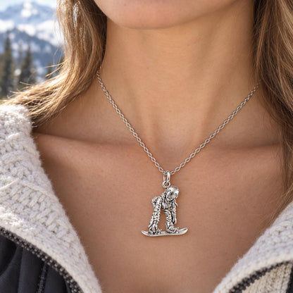 Mountain Bound Snowboarder Charm Necklace Set – worn / in use