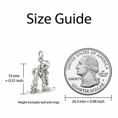 Mountain Bound Snowboarder Charm Necklace Set – size guide, 13 mm charm next to a quarter