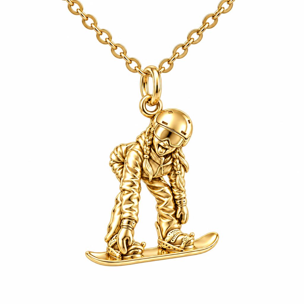 Mountain Bound Snowboarder Charm Necklace Set – 18K gold, front view