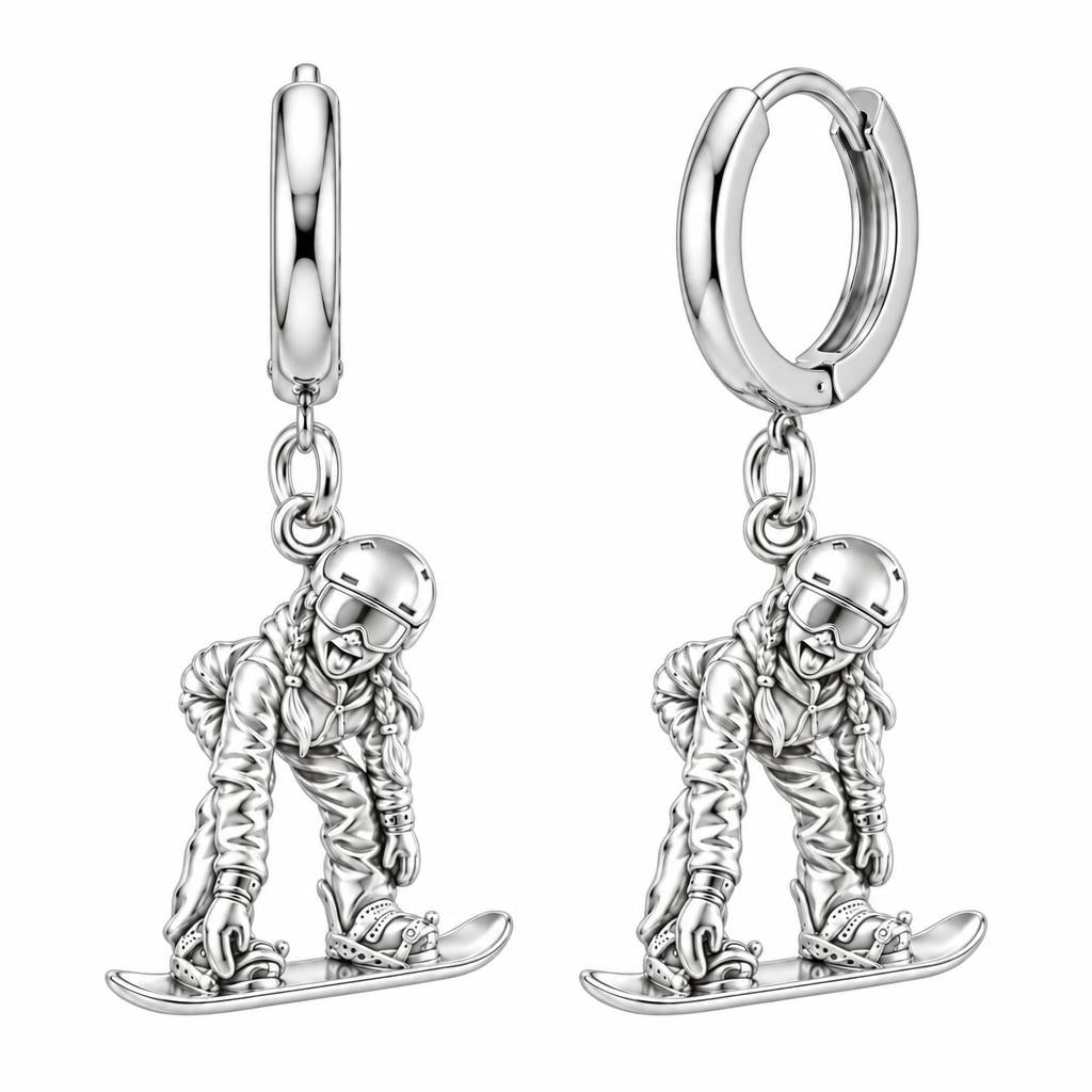 Mountain Bound Snowboarder Huggie Charm Earrings – silver, front view