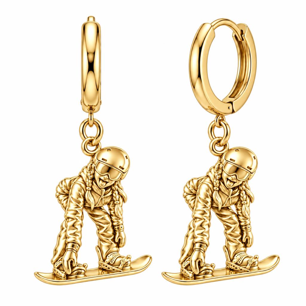 Mountain Bound Snowboarder Huggie Charm Earrings – 18K gold, front view
