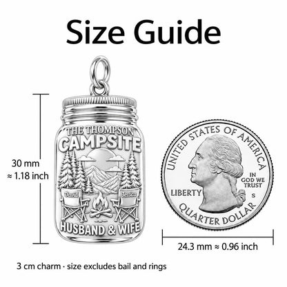 Mountain Campsite Charm Bracelet – Personalized Couple Gift – size guide, 3 cm charm next to a quarter
