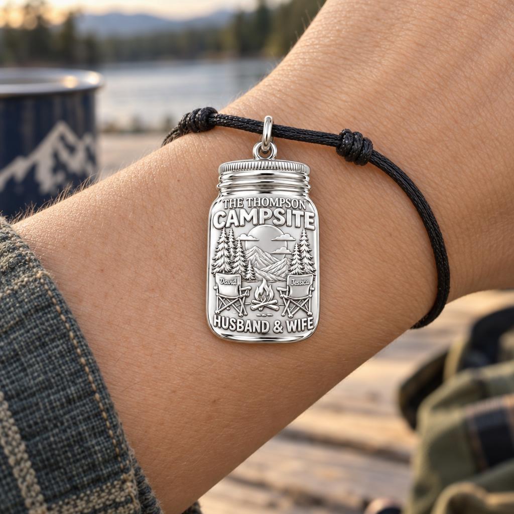 Mountain Campsite Charm Bracelet – Personalized Couple Gift – worn on the wrist on a black cord bracelet