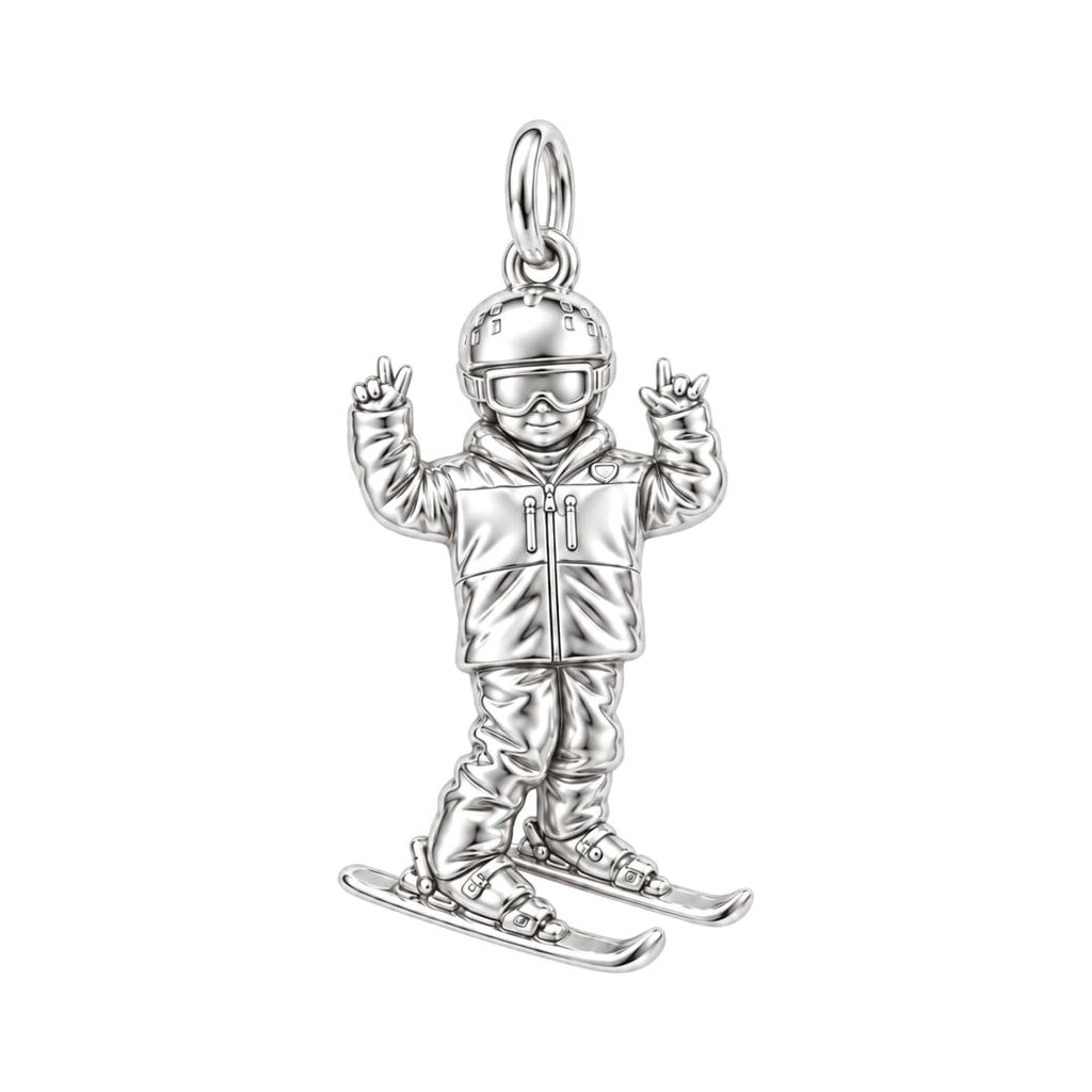 Mountain High Skier Charm Bracelet – Personalized Athlete Gift – silver charm, front view
