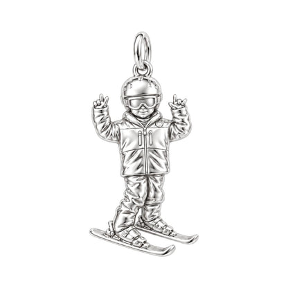 Mountain High Skier Charm Bracelet – Personalized Athlete Gift – silver charm, front view