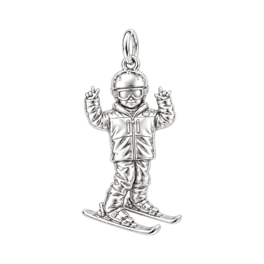 Mountain High Skier Charm Bracelet – Personalized Athlete Gift – silver charm, front view