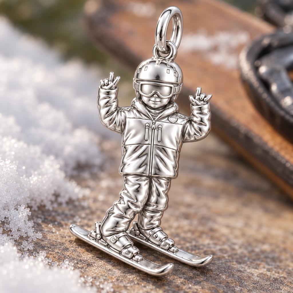 Mountain High Skier Charm Bracelet – Personalized Athlete Gift – macro detail of the charm