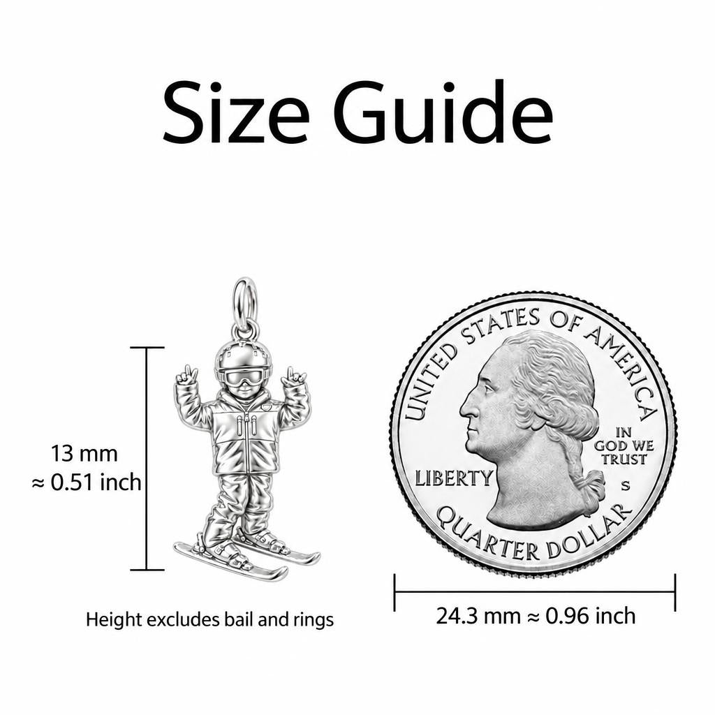 Mountain High Skier Charm Bracelet – Personalized Athlete Gift – size guide, 13 mm charm next to a quarter