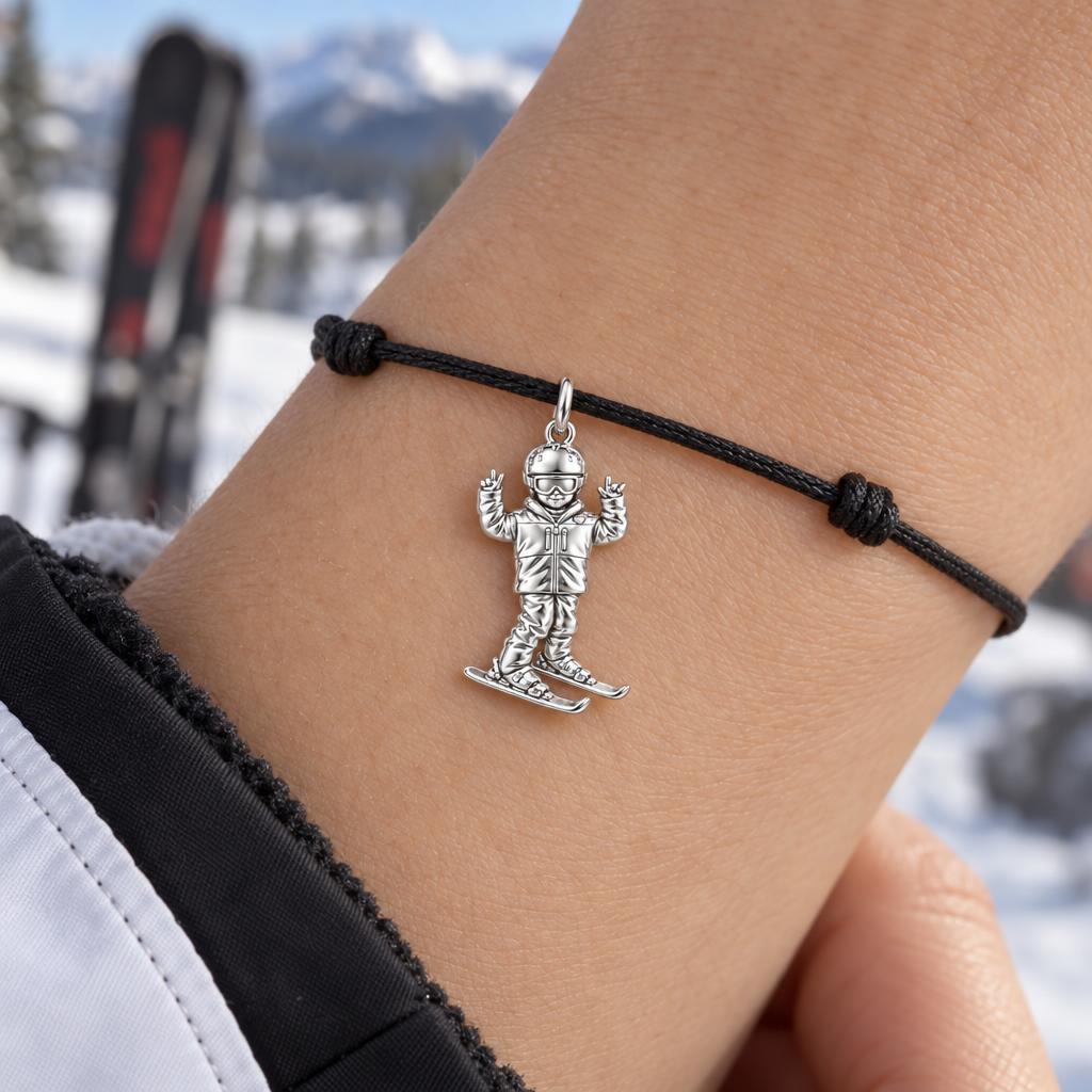 Mountain High Skier Charm Bracelet – Personalized Athlete Gift – worn on the wrist on a black cord bracelet