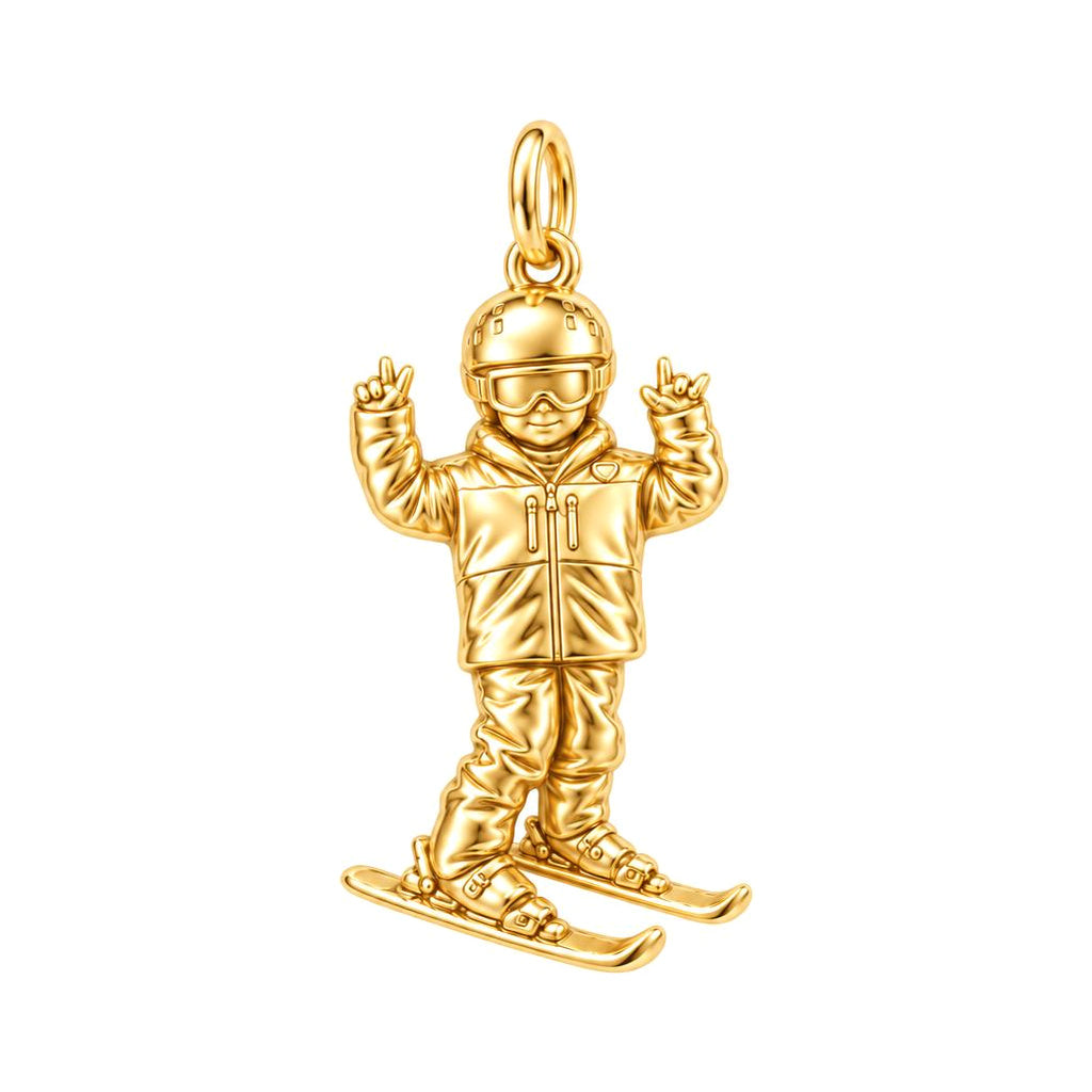 Mountain High Skier Charm Bracelet – Personalized Athlete Gift – 18K gold charm, front view