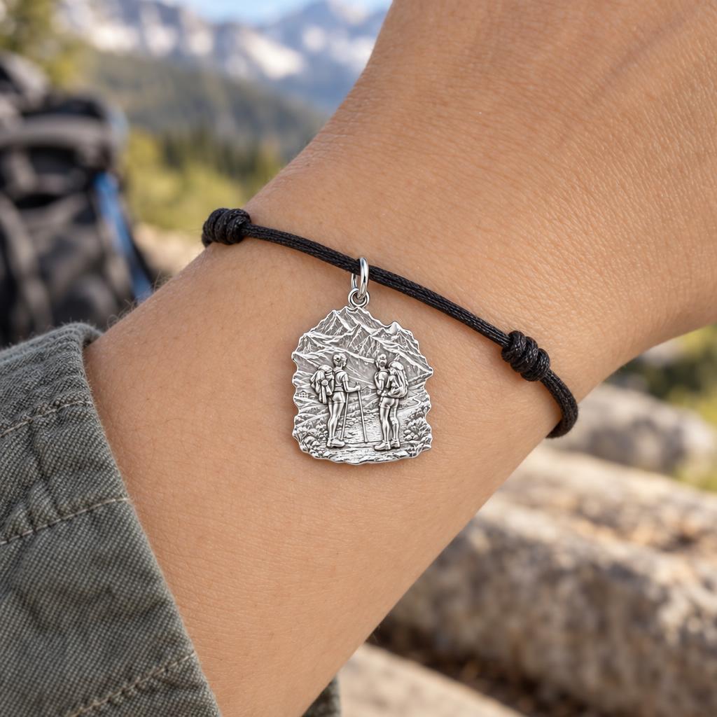 Mountain Hiking Charm Bracelet – Personalized Couple Gift – worn on the wrist on a black cord bracelet