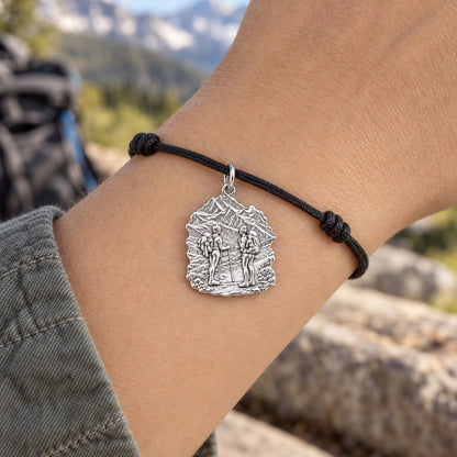 Mountain Hiking Charm Bracelet – Personalized Couple Gift – worn on the wrist on a black cord bracelet