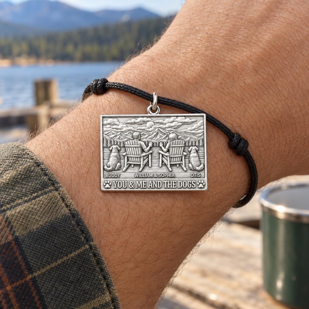 Mountain Lake Retreat Charm Bracelet – Personalized Couple Gift – worn on the wrist on a black cord bracelet