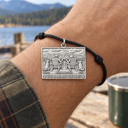 Mountain Lake Retreat Charm Bracelet – Personalized Couple Gift – worn on the wrist on a black cord bracelet
