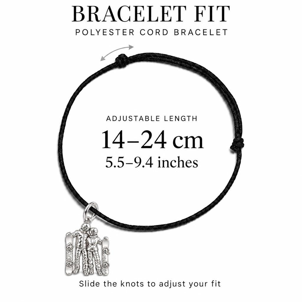 Mountain Slopes Snowboard Charm Bracelet – Personalized Couple Gift – adjustable black cord bracelet, 14–24 cm