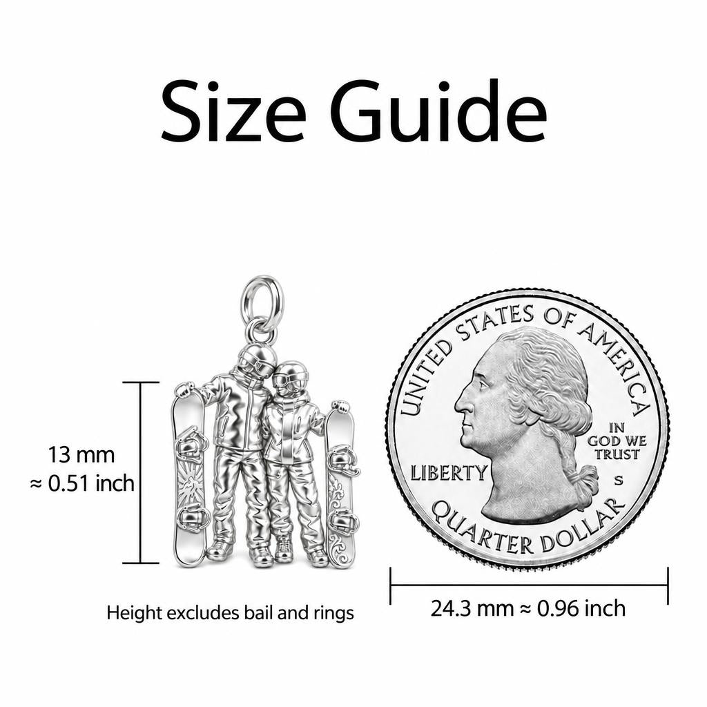 Mountain Slopes Snowboard Charm Bracelet – Personalized Couple Gift – size guide, 13 mm charm next to a quarter