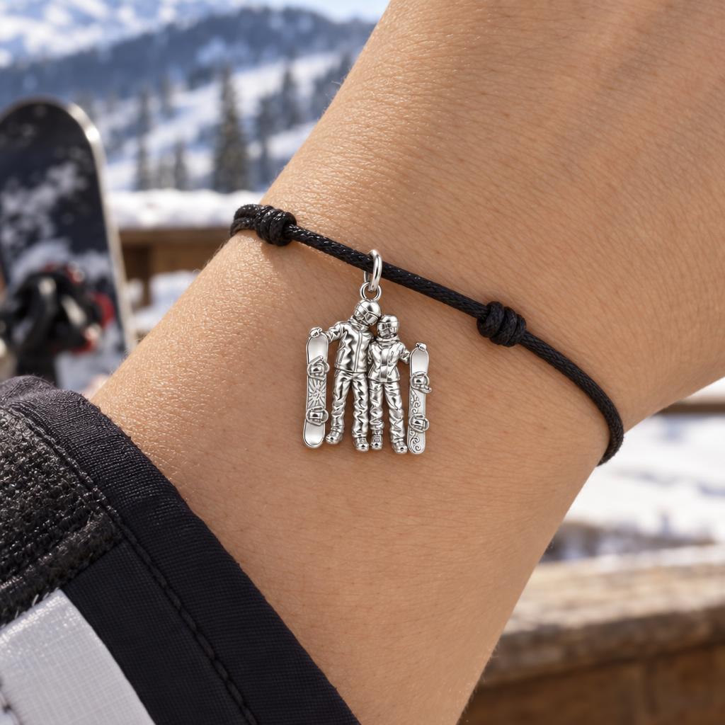 Mountain Slopes Snowboard Charm Bracelet – Personalized Couple Gift – worn on the wrist on a black cord bracelet