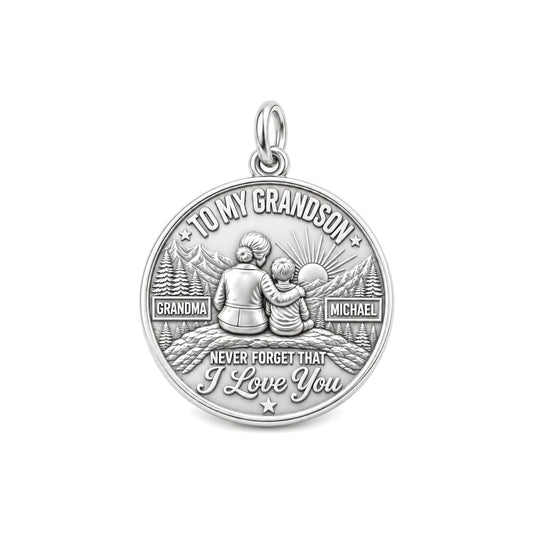 Mountain Sunrise Charm Bracelet – Personalized Grandson Gift – silver plated 2 cm charm, front view