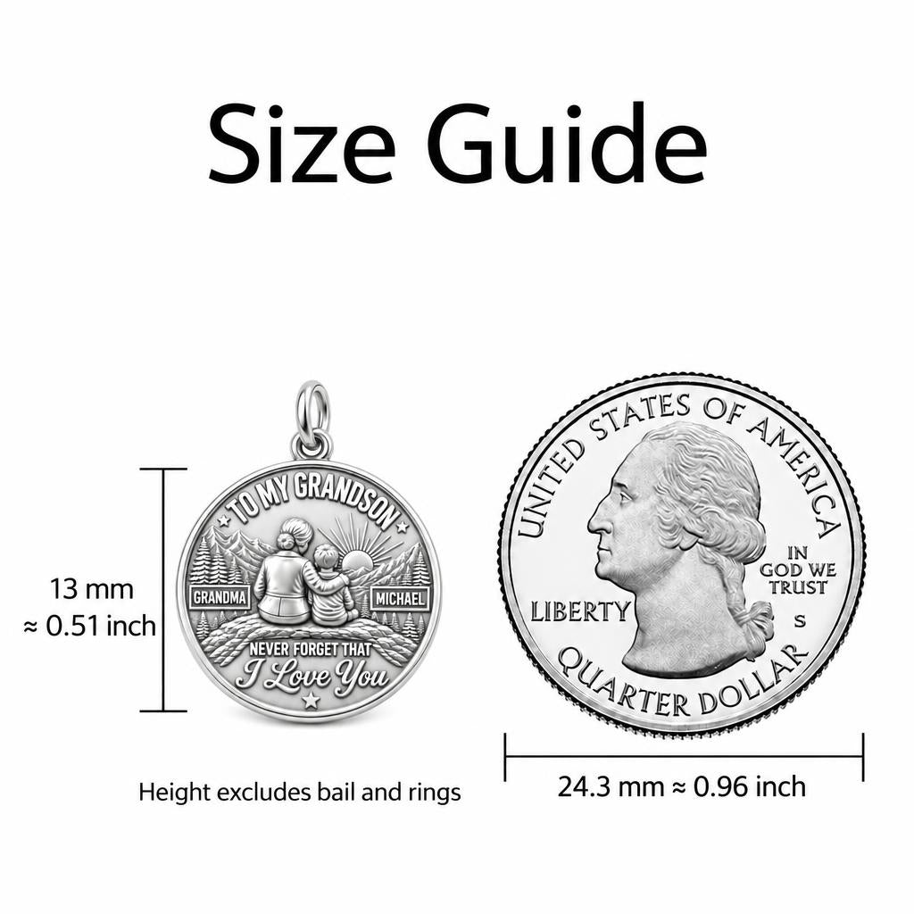 Mountain Sunrise Charm Bracelet – Personalized Grandson Gift – size guide, 13 mm charm next to a quarter