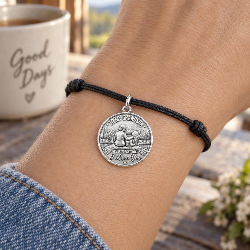 Mountain Sunrise Charm Bracelet – Personalized Grandson Gift – worn on the wrist on a black cord bracelet