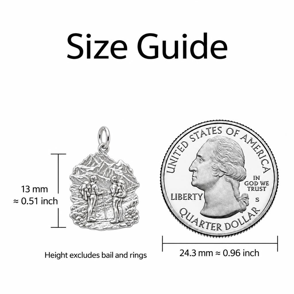 Mountain Trail Best Friends Charm Necklace Set – size guide, 13 mm charm next to a quarter