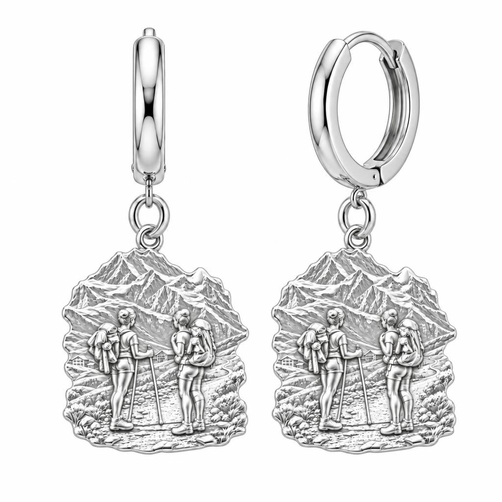 Mountain Trail Best Friends Huggie Charm Earrings – silver, front view