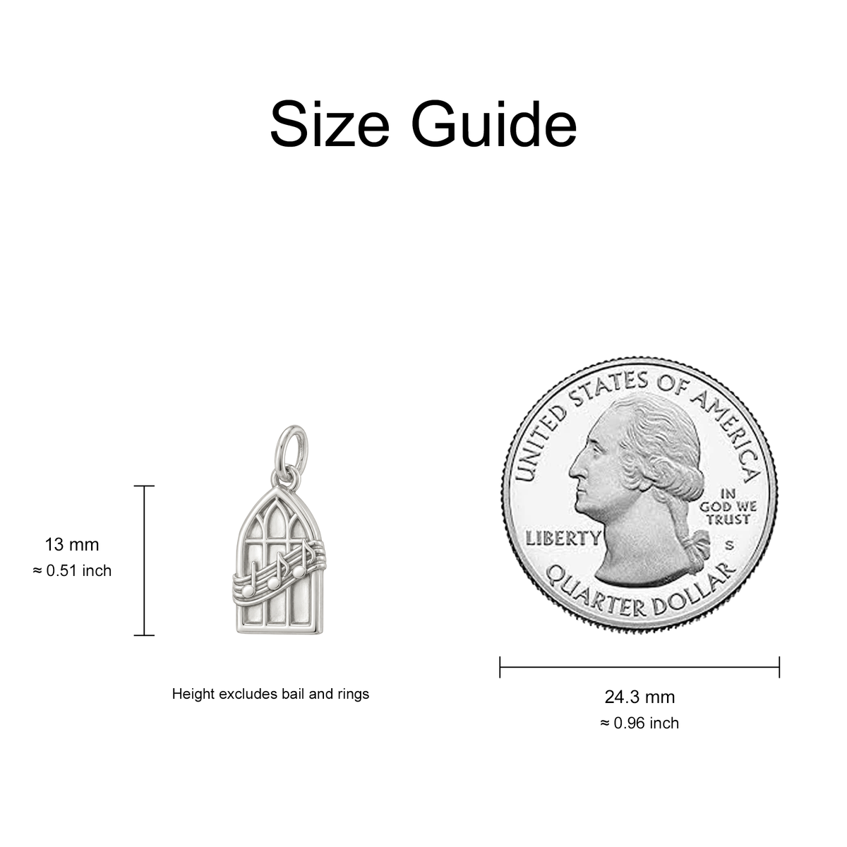 Music Notes and Church Window Charm — Size Guide — 13 mm body excluding bail and rings — 50-works-silver-20260916-167