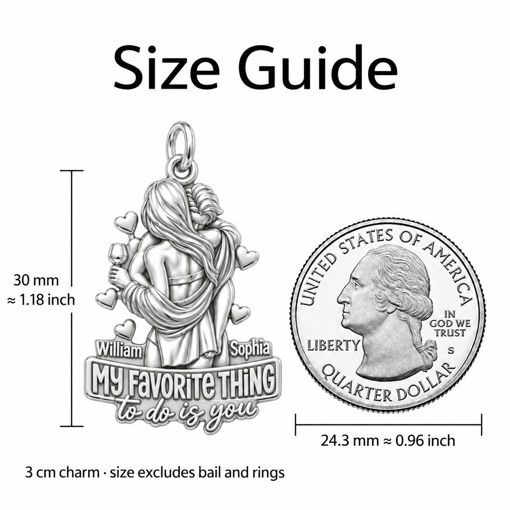 My Favorite Thing Charm Bracelet – Personalized Couple Gift – size guide, 3 cm charm next to a quarter