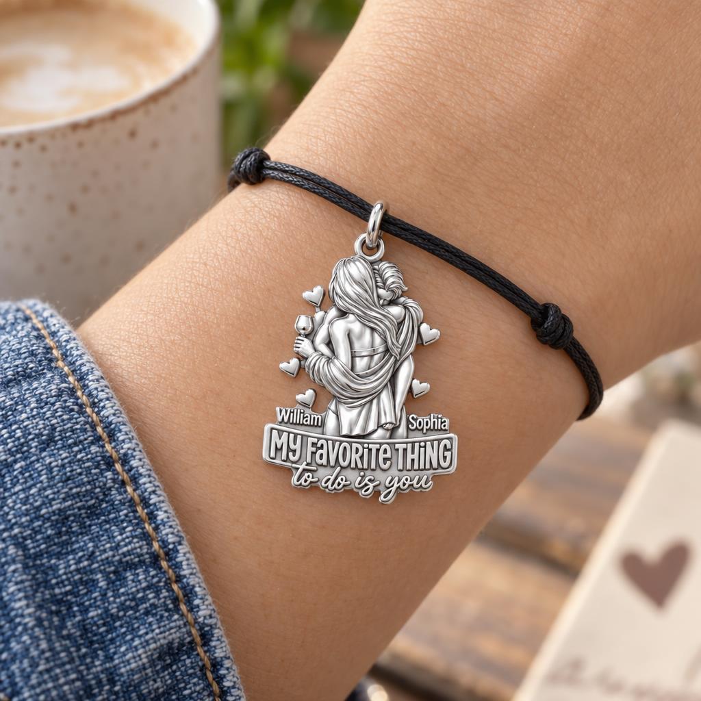 My Favorite Thing Charm Bracelet – Personalized Couple Gift – worn on the wrist on a black cord bracelet
