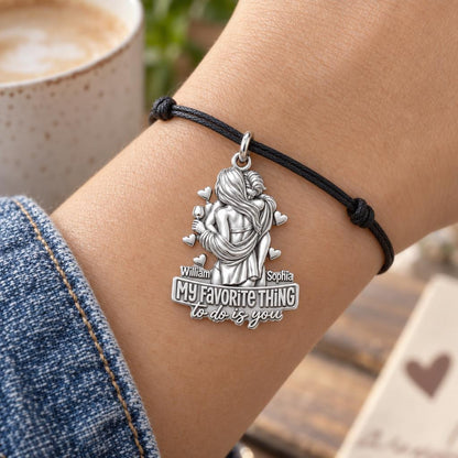 My Favorite Thing Charm Bracelet – Personalized Couple Gift – worn on the wrist on a black cord bracelet