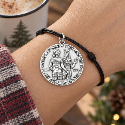 My Favorite Weird Find Charm Bracelet – Personalized Couple Gift – worn on the wrist on a black cord bracelet