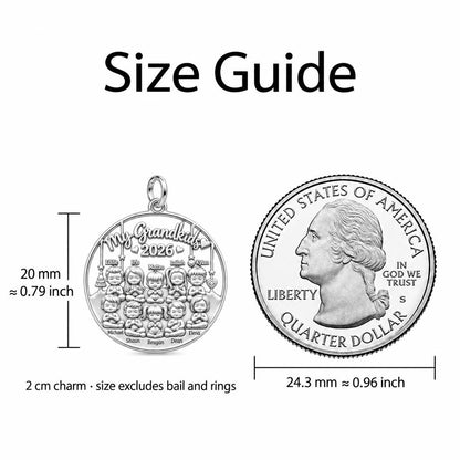 My Grandkids Circle of Love Charm Bracelet – Personalized Nana Gift – size guide, 3 cm charm next to a quarter