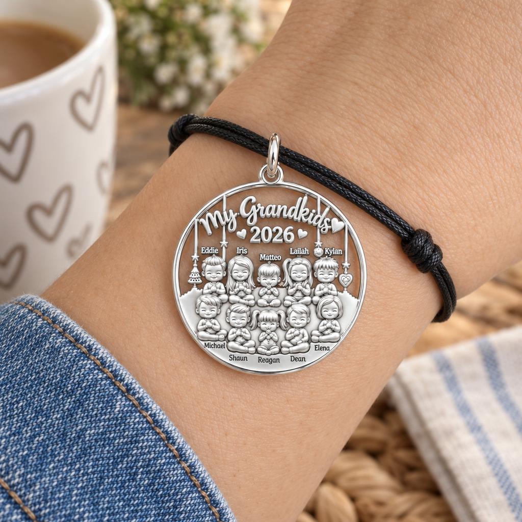 My Grandkids Circle of Love Charm Bracelet – Personalized Nana Gift – worn on the wrist on a black cord bracelet