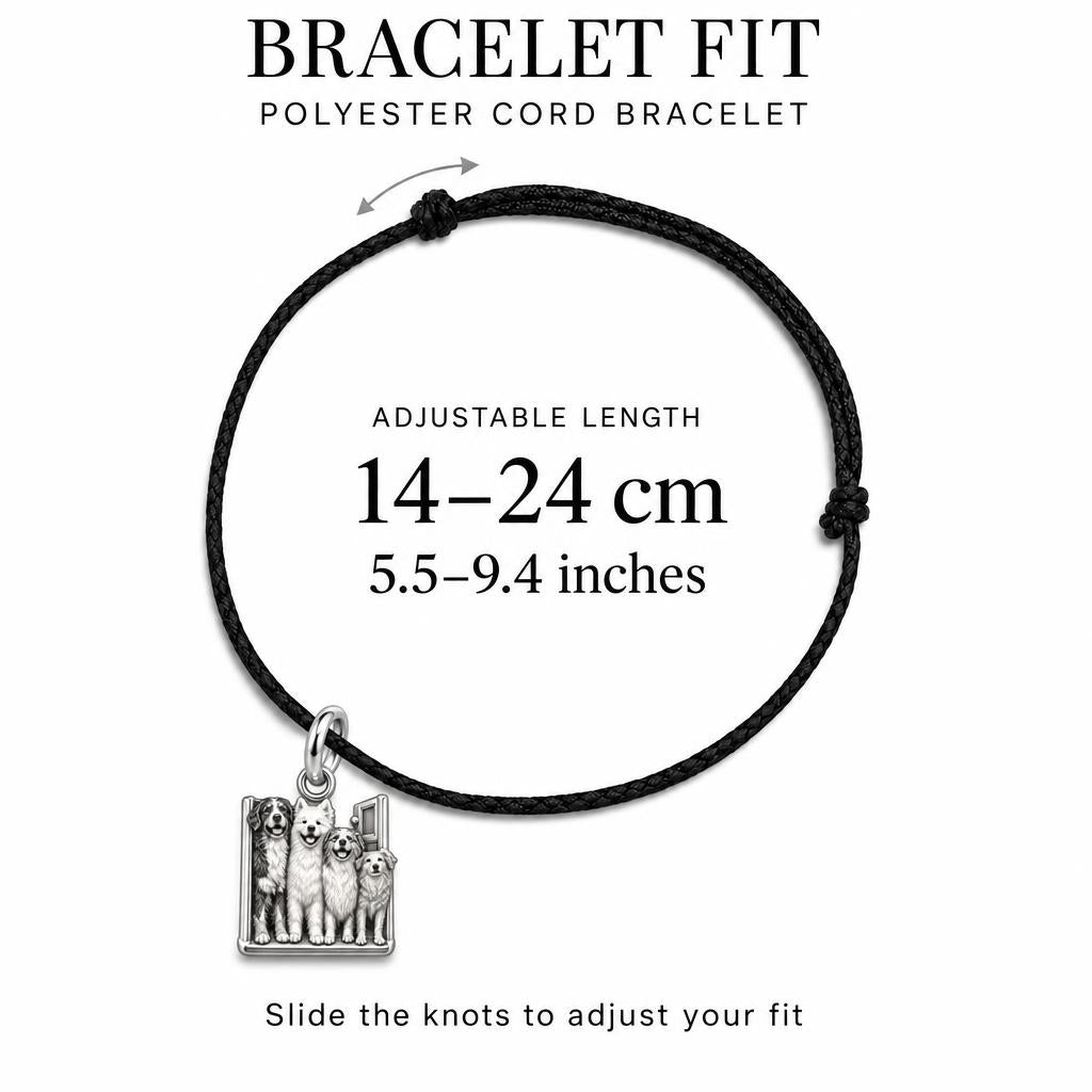 My Paws, My Family Door Charm Bracelet – Personalized Dog Mom Gift – adjustable black cord bracelet, 14–24 cm