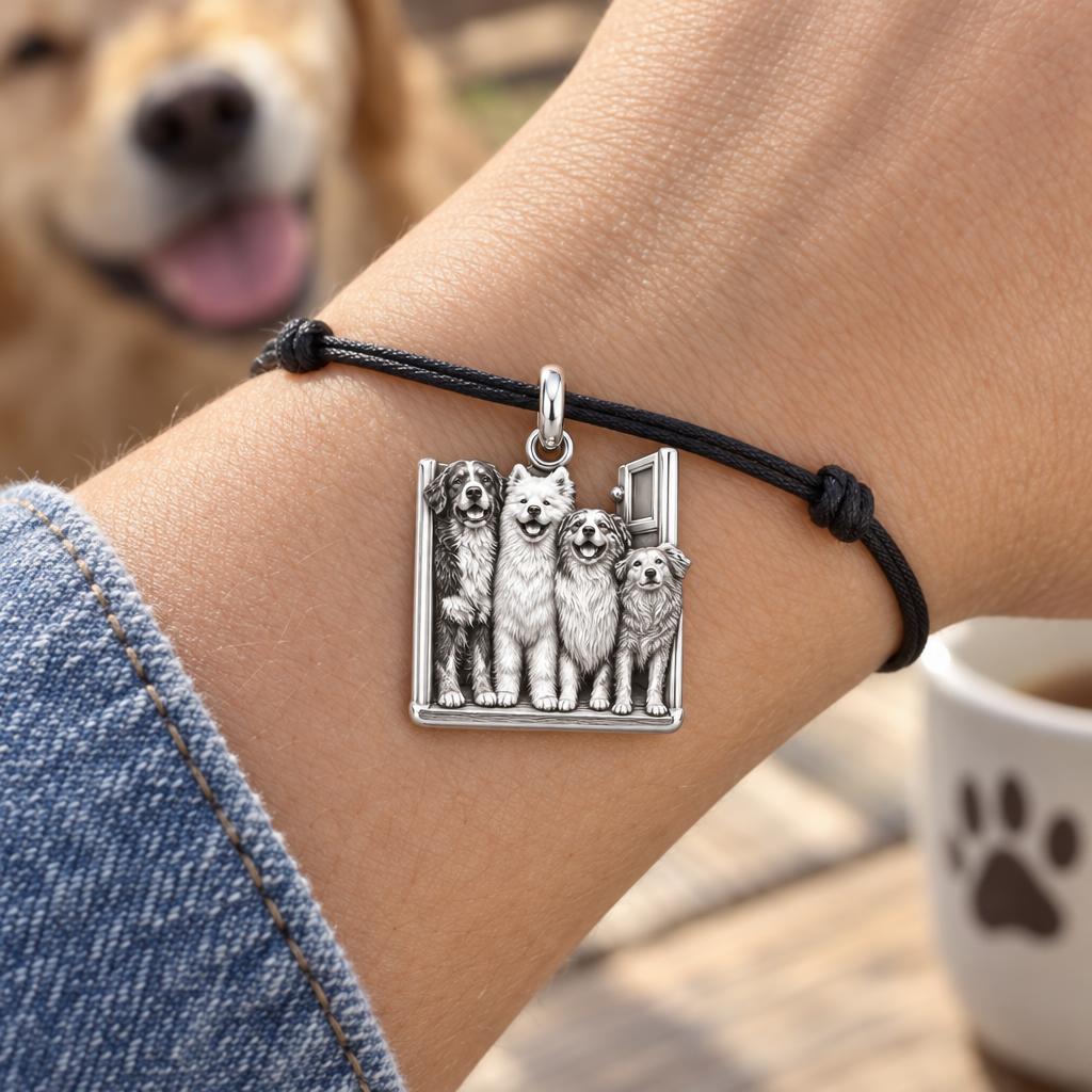 My Paws, My Family Door Charm Bracelet – Personalized Dog Mom Gift – worn on the wrist on a black cord bracelet
