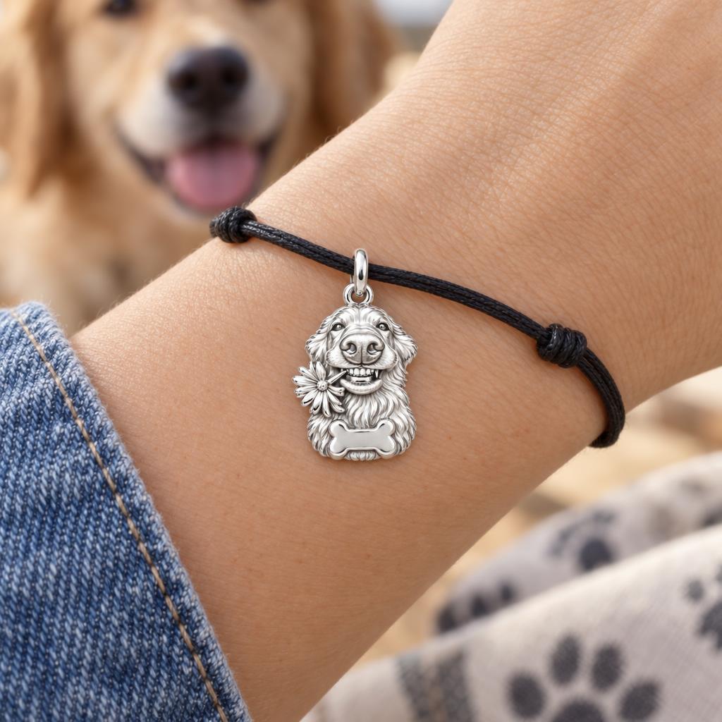 My Silly Dog Portrait Charm Bracelet – Personalized Dog Mom Gift – worn on the wrist on a black cord bracelet