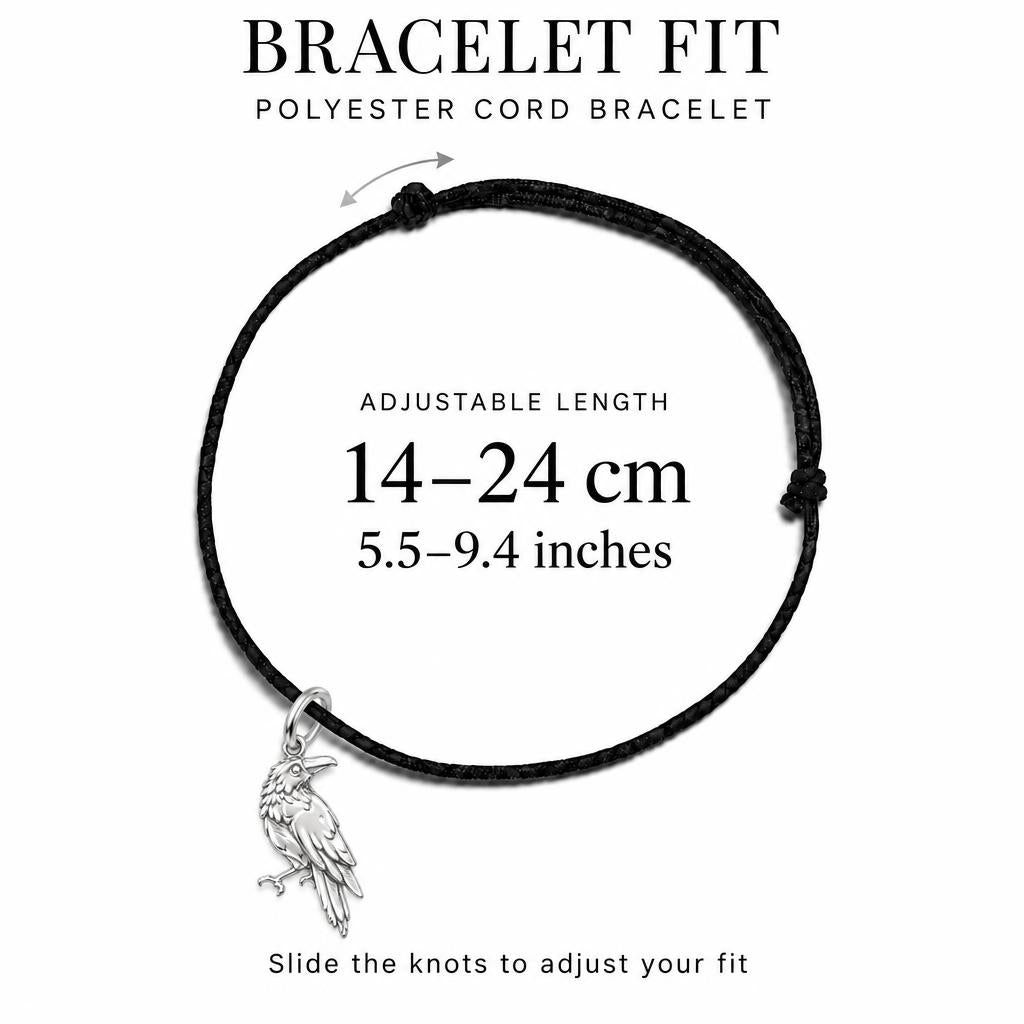 Mystic Raven Sentinel Charm Bracelet – Personalized Nature Gift – adjustable black cord bracelet, 14–24 cm